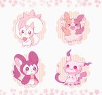  >_< alternate_color berry_(pokemon) cherry_blossoms commentary dango eating emolga flower food highres holding inomo_(qimoshu) mimikyu morpeko morpeko_(full) no_humans open_mouth pachirisu pecha_berry petals pink_theme pokemon pokemon_(creature) shiny_pokemon smile standing symbol-only_commentary wagashi 