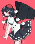  1girl akuta_neko black_hair black_skirt black_wings commentary feathered_wings frilled_skirt frills from_side hat highres interlocked_fingers looking_at_viewer puffy_short_sleeves puffy_sleeves red_background red_eyes red_hat shameimaru_aya shirt short_hair short_sleeves signature simple_background skirt solo tengu tokin_hat touhou white_shirt wings 