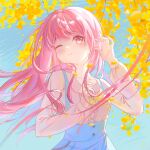  1girl absurdres autumn blue_skirt blue_sky bow bowtie brown_eyes buttons center_frills chinese_commentary closed_mouth collarbone collared_shirt commentary_request day dress_shirt eyelashes falling_leaves frills ginkgo_leaf grey_shirt hand_in_own_hair haohe_de_xiao_mizhou happy high-waist_skirt highres leaf light_blush light_particles lips long_hair long_sidelocks long_sleeves nikki_(nikki) nikki_(series) nikki_up2u2:_world_traveller one_eye_closed outdoors pink_hair pleated_skirt puffy_long_sleeves puffy_sleeves shirt sidelocks skirt sky smile solo suspender_skirt suspenders tree upper_body very_long_hair wind yellow_bow yellow_bowtie 