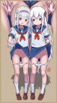  2girls :d absurdres ass_visible_through_thighs bar_censor black_eyes black_skirt blue_sailor_collar blue_skirt bow bow_panties brown_shoes censored cleft_of_venus closed_mouth clothes_lift commentary echidna_(re:zero) elementary_(lolipope) emilia_(re:zero) hair_ornament hairband highres long_hair looking_at_viewer miniskirt multiple_girls multiple_views neckerchief open_mouth panties panty_pull pleated_skirt purple_eyes purple_hairband pussy re:zero_kara_hajimeru_isekai_seikatsu red_neckerchief sailor_collar sailor_shirt school_uniform serafuku shirt shoes short_sleeves skirt skirt_lift smile socks spread_pussy spreading_own_pussy standing underwear v very_long_hair white_hair white_panties white_socks 