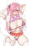  1boy 1girl areola_slip arms_behind_head arms_up behind_another bikini blunt_bangs blush breasts cameltoe cleavage clothes_lift d-chan deep_skin diagonal_bangs grabbing_another's_breast grabbing_from_behind groin groping gyaru hair_ornament hairclip hand_on_another's_thigh heart highleg highleg_bikini huge_breasts kogal large_breasts long_hair looking_at_viewer lowleg lowleg_bikini micro_bikini microskirt molestation navel neckerchief original pink_hair pink_neckerchief pleated_skirt purple_eyes revealing_clothes school_uniform shirt_lift short_sleeves side-tie_bikini_bottom simple_background skindentation skirt solo_focus spread_legs stomach string_bikini suisogenshi sweat swimsuit thighhighs thighs thong_bikini white_background white_thighhighs 