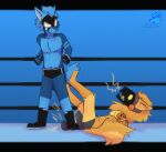 anthro ballbusting bodily_fluids canid canine clothing cock_and_ball_torture cum cum_drip cum_in_clothing cum_in_pants cumshot dominant dominant_male dripping duo ejaculation elco_manfard elcomanfard feet fight fighting_ring foot_fetish foot_on_penis foot_play fox genital_fluids genital_torture genitals hi_res machine male male/male mammal pain penis protogen stepping_on_balls wise_protogen wrestling wrestling_outfit