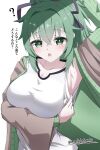  1girl ? absurdres arm_up armpits blush breasts brown_jacket cleavage collarbone commentary_request duel_monster green_eyes green_hair highres jacket large_breasts looking_at_viewer madidehonki open_mouth presenting_armpit shirt simple_background smile solo translation_request twitter_username white_background white_shirt wynn_(yu-gi-oh!) wynn_the_wind_charmer yu-gi-oh! 