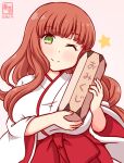  1girl box breasts commentary_request de_ruyter_(kancolle) gradient_background green_eyes hakama hakama_skirt japanese_clothes kanon_(kurogane_knights) kantai_collection kimono large_breasts long_hair long_sleeves looking_at_viewer miko one_eye_closed pink_background red_hair red_hakama skirt smile solo upper_body white_kimono wide_sleeves 