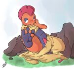 2011 3_toes blush clothed clothing digital_media_(artwork) embarrased_horny embarrassed erection feet foot_focus generation_5_pokemon genitals grass looking_at_viewer male nintendo penis plant plantigrade pokemon pokemon_(species) presenting rock scarf scrafty simple_background smile soles solo stormdragonblue toes