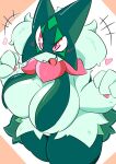 2024 3_fingers anthro areola big_breasts blush breast_curtains breasts cute_fangs fangs female fingers flower_(anatomy) fur generation_9_pokemon green_body green_fur heart_symbol hi_res mask meowscarada n14_ak nintendo open_mouth pawpads paws pink_eyes pokemon pokemon_(species) portrait simple_background solo teeth thick_thighs three-quarter_portrait white_sclera