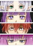  1boy 3girls aura_(sousou_no_frieren) black_background blue_eyes blunt_bangs border brown_eyes commentary cut-in elf english_commentary fern_(sousou_no_frieren) frieren green_eyes grey_hair hair_between_eyes multiple_girls parody persona pink_hair pointy_ears purple_eyes purple_hair red_hair scar scar_on_face short_hair sousou_no_frieren stark_(sousou_no_frieren) style_parody torako_(toramaru) white_border 