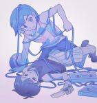  2boys antenna_hair ball bare_arms bare_shoulders black_eyes black_hair black_socks blush boy_on_top bright_pupils bskrf_vc chinese_commentary chromatic_aberration clenched_teeth closed_mouth colored_skin commentary_request double-parted_bangs empty_eyes entangled frown hair_behind_ear hair_between_eyes highres holding holding_knife kel_(headspace)_(omori) kel_(omori) kneeling knife looking_at_viewer lying male_focus mixtape_(omori) multiple_boys navel no_pupils omori omori_(omori) on_back parted_lips purple_eyes purple_hair short_hair shorts simple_background socks sweat tank_top tareme teeth white_pupils white_skin 