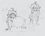 abdominal_bulge amphibian anthro badartist belly big_belly bulge cheek_bulge crouching digestion duo female female/female frog hi_res lily_pad looking_at_viewer monochrome onomatopoeia plant pond rumbling_stomach sound_effects spread_legs spreading standing text vore