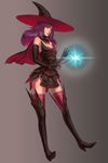  bad_id bad_pixiv_id boots dress elbow_gloves full_body gloves hat highres jacketbear long_hair magic original purple_hair red_eyes solo thigh_boots thighhighs wand witch witch_hat 