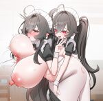  2girls absurdres ahoge artist_request bent_over black_hair blush breasts commission from_side futa_with_female futanari grabbing_another's_breast grabbing_from_behind groping hair_between_eyes highres huge_breasts incest lactation long_hair maid maid_headdress mother_and_daughter multiple_girls nipples open_mouth original pantyhose puffy_short_sleeves puffy_sleeves red_eyes second-party_source sex sex_from_behind short_sleeves small_breasts stomach_bulge torn_clothes torn_pantyhose twintails v white_pantyhose 