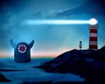  1girl commentary_request highres horizon horns kodama_madako lighthouse monster night ocean original outdoors scenery shooting_star shore sky standing star_(sky) starry_sky twilight water wide_shot 
