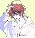  100horses 1boy black_hair blue_eyes clothes_writing drawstring english_commentary green_background hair_between_eyes hand_on_own_head highres hood hood_down hoodie long_sleeves male_focus messy_hair multicolored_hair one_eye_closed red_hair simple_background solo sumino_takumi the_hundred_line_-last_defense_academy- toothbrush toothbrush_in_mouth upper_body white_hoodie 
