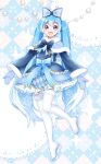  1girl aqua_bow aqua_eyes aqua_hair blue_bow blue_bowtie blue_capelet blue_dress blush bow bowtie capelet commentary_request dress full_body fur-trimmed_capelet fur-trimmed_sleeves fur-trimmed_thighhighs fur_trim gradient_hair hair_between_eyes hair_bow hair_ornament hatsune_miku headphones highres long_hair long_sleeves masumofu multicolored_hair open_mouth smile solo thighhighs twintails very_long_hair vocaloid white_hair white_thighhighs wide_sleeves yuki_miku 