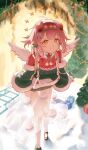  1girl :d absurdres arknights blurry blurry_background bow chinese_commentary christmas commentary_request devouers dress foot_out_of_frame fur-trimmed_sleeves fur_trim goldenglow_(arknights) goldenglow_(maiden_for_the_bright_night)_(arknights) green_dress grin hair_bow hair_ornament hairband highres kneehighs leaning_forward light_blush long_sleeves looking_at_viewer official_alternate_costume partial_commentary pink_hair pom_pom_(clothes) red_dress red_hairband short_hair smile socks solo standing star_(symbol) white_socks white_wings wings x_hair_ornament yellow_eyes 