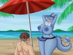 anthro beach big_breasts blush breasts duo dylan_(gammainks) eeveelution female generation_1_pokemon hands_behind_head hi_res huge_breasts human imminent_pegging imminent_sex male male/female mammal nintendo pokemon pokemon_(species) rawarr smug standing strapon valerie_(gammainks) vaporeon