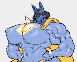abs ambiguous_gender anthro biceps big_muscles black_inner_ear blue_bodysuit blue_clothing blue_ears blue_head blue_skinsuit bodysuit breasts bsmyaozi cape clothing female generation_4_pokemon hands_on_hips huge_muscles hyper looking_at_viewer lucario muscular muscular_female nintendo nipple_outline pokemon pokemon_(species) pose red_eyes skinsuit snout solo spikes spikes_(anatomy) superhero tight_clothing two_tone_head vein yellow_cape yellow_clothing