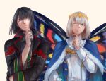  2boys black_hair black_jacket blue_cape blue_eyes butterfly_wings cape closed_eyes closed_mouth commentary english_commentary fate/grand_order fate_(series) fur-trimmed_cape fur_trim grey_hair grey_shirt highres insect_wings jacket looking_at_viewer male_focus multiple_boys oberon_(fate) oberon_(first_ascension)_(fate) renrenka_noi shirt short_hair simple_background taigong_wang_(fate) upper_body wings 