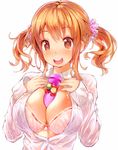  :d between_breasts blush bra breasts brown_hair cleavage dress_shirt hato_haru heart heart-shaped_pupils highres huge_breasts idolmaster idolmaster_cinderella_girls microphone open_clothes open_mouth open_shirt scrunchie shirt smile solo symbol-shaped_pupils totoki_airi twintails underwear wet wet_clothes 