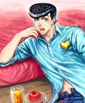 apple bad_id bad_pixiv_id black_hair blue_eyes casual eating food fruit heart higashikata_jousuke iduki-daku jojo_no_kimyou_na_bouken juice kotatsu male_focus pompadour solo table 
