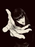  1girl black_background black_hair black_nails blunt_bangs brown_theme highres hime_cut long_hair looking_at_viewer original reaching reaching_towards_viewer solo tp_p_pt 