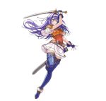  1girl ahoge armor attack belt black_thighhighs blue_boots blue_gloves blue_hair blush boots breastplate breasts brown_belt closed_mouth commentary english_commentary fighting_stance fingerless_gloves fire_emblem fire_emblem:_path_of_radiance fire_emblem:_radiant_dawn fire_emblem_heroes full_body gloves green_eyes hairband headband holding holding_sword holding_weapon long_hair looking_at_viewer mia_(fire_emblem) mia_(zenith_challenger)_(fire_emblem) official_alternate_costume official_art okuma_mai orange_shirt purple_hair scabbard sheath shirt short_sleeves shoulder_armor simple_background skirt smile solo sword thigh_boots thighhighs thighs third-party_source weapon white_background white_hairband white_headband white_shirt white_skirt 