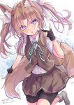  1girl absurdres ahoge animal_ear_fluff animal_ears bike_shorts bike_shorts_under_skirt blush brown_hair commentary_request fox_ears fox_girl fox_tail gloves hair_ribbon highres hizaka kagerou_(kancolle) kagerou_kai_ni_(kancolle) kantai_collection kitsune long_hair looking_at_viewer neck_ribbon one-hour_drawing_challenge open_mouth pleated_skirt purple_eyes ribbon school_uniform shirt short_sleeves signature simple_background skirt solo tail twintails twitter_username vest white_background white_ribbon yellow_ribbon 