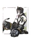  1boy animal_ears arknights arm_strap arm_tattoo between_legs black_hair black_pants broca_(arknights) cat_boy cat_ears cat_tail commentary_request goggles goggles_on_head highres looking_at_viewer male_focus pants pectoral_cleavage pectorals pipidan simple_background sitting solo tail tattoo tiger_boy tiger_ears tiger_tail toned toned_male white_background yellow_eyes 
