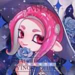  1girl blue_capelet blue_flower capelet earrings flower hat hat_flower highres holding holding_flower jewelry looking_at_viewer medium_hair nezumi_(tuboshu2013) octoling octoling_girl octoling_player_character open_mouth parted_bangs pink_eyes pink_hair portrait sample_watermark smile solo splatoon_(series) tentacle_hair watermark white_hat witch_hat 