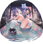  1girl 1other amase_chihiro amase_chihiro_(testing_the_water) animal_ears ass bath black_tail blue_eyes bow breasts bucket cat_ears cat_girl cat_tail chipy cup flower flower_request food from_behind fruit furry gradient_tail grey_tail hair_bun hand_on_own_chest heterochromia highres holding holding_food holding_fruit indoors large_breasts leaf looking_at_viewer naked_towel night non-web_source official_alternate_hairstyle partially_submerged petals petals_on_liquid plate poker_fate ripples shishi_odoshi sideboob solo_focus souzu tail tail_bow tail_ornament thighs towel towel_on_head transparent_background water wet white_hair wooden_bucket yellow_bow yellow_eyes 