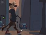 4:3 ambiguous_gender anthro band-aid bandage building car city clothing curb footwear hi_res hoodie hyena mammal nonbinary_(lore) shoes skyscraper sneakers solo street street_lamp sunset tail tailesart topwear traffic traffic_light vehicle