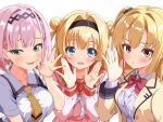  3girls :d \||/ arihara_nanami black_hairband blonde_hair blue_eyes blunt_ends blush bob_cut bow bowtie breasts cardigan cardigan_under_jacket chitose_sana collared_shirt commentary company_connection crossover double_bun frown furrowed_brow green_eyes hair_between_eyes hair_bun hair_intakes hairband hand_up hands_up jacket kikka_academy_school_uniform large_breasts long_hair long_sleeves looking_at_viewer medium_hair mizuka_academy_school_uniform multiple_crossover multiple_girls necktie open_clothes open_jacket open_mouth outstretched_hand parted_lips pink_hair pink_shirt purple_cardigan red_bow red_bowtie red_eyes red_sailor_collar riddle_joker sailor_collar school_uniform serafuku shirt short_sleeves simple_background sleeves_past_wrists smile smug tanikaze_amane tareme teeth tenshi_souzou_re-boot! tenshinranman trait_connection tsurime two_side_up upper_body white_background white_bow white_bowtie white_shirt yellow_jacket yellow_necktie yokoshima_akunusu yuzusoft 