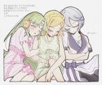  3girls blonde_hair braid closed_eyes closed_mouth commentary_request cropped_legs crossed_arms crown_braid dress falulu falulu_(awakened) forehead_jewel green_hair grey_hair highres iruchi long_hair midorikaze_fuwari multiple_girls pajamas parted_bangs pink_dress pretty_series pripara shikyoin_hibiki short_hair simple_background sitting sleeping sleeping_on_person sleeping_upright sleeveless sleeveless_dress smile translation_request white_dress 