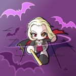  1girl ascot bat_(animal) black_cape black_coat black_sclera black_shoes blonde_hair cape coat colored_sclera commentary_request drilljapan forehead gold_trim heterochromia highres holding holding_polearm holding_weapon jikkyou_powerful_pro_yakyuu jikkyou_powerful_pro_yakyuu_(style) kamira_misa multicolored_shoes no_mouth open_clothes open_coat polearm power_pro_appli rayman_limbs red_eyes red_skirt shoes skirt solo two-tone_shoes weapon white_ascot white_shoes yellow_eyes 