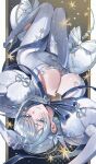  1girl absurdres akershus_fortress_(oshiro_project) arm_above_head arms_up beads between_breasts blue_eyes blue_ribbon blush bodysuit border breasts commentary commission covered_groin heart heart-shaped_pillow high_heels highres knees_up large_breasts legs letterboxed light_particles long_hair looking_at_viewer lying on_back oshiro_project:re parted_lips pillow pixiv_commission rhtkd ribbon sidelocks smile snow snowflake_ornament snowflakes solo sparkle thighs tight_clothes upside-down white_bodysuit white_border white_hair 