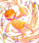  1boy ;d absurdres bare_arms bare_legs bare_shoulders bottle bottle_cap bright_pupils brown_eyes brown_hair bskrf_vc chinese_commentary chromatic_aberration clenched_hand commentary_request confetti dark-skinned_male dark_skin dated deformed dot_nose double-parted_bangs film_grain full_body grin hair_behind_ear hair_between_eyes happy_birthday highres holding holding_bottle juice kel_(faraway)_(omori) kel_(omori) leg_hair looking_at_viewer male_focus no_sclera omori one_eye_closed orange_joe_(omori) orange_juice orange_shoes orange_shorts orange_tank_top outstretched_arm shoelaces shoes short_hair shorts simple_background smile solo standing standing_on_one_leg tank_top thick_eyebrows v-shaped_eyebrows white_background white_pupils 