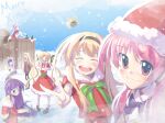  1boy 6+girls annoyed aoi_sena blonde_hair blush chaos;head christmas commentary drill_hair english_commentary excited fg204 hat highres kishimoto_ayase kusunoki_yua multiple_girls nishijou_nanami nishijou_takumi optaku orihara_kozue sakihata_rimi santa_costume santa_hat school_uniform science_adventure smile suimei_academy_school_uniform twin_drills v 
