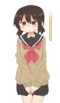  1girl between_legs black_sailor_collar black_skirt blush brown_eyes brown_hair brown_sweater closed_mouth commentary_request cowboy_shot embarrassed flat_chest half-closed_eyes hand_between_legs have_to_pee highres long_sleeves looking_at_viewer miniskirt neckerchief nose_blush original own_hands_together pleated_skirt ponnu_(tnpn2yw) raised_eyebrows red_neckerchief sailor_collar school_uniform serafuku short_hair sidelocks simple_background skirt solo standing sweater twintails urine_meter v_arms variant_set wavy_mouth white_background 