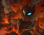  animal_focus aqua_eyes bug commentary_request fire flying fuifui glowing glowing_eyes insect_wings no_humans pokemon pokemon_(creature) pokemon_focus smoke solo volcarona wings 