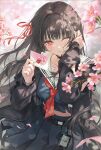  1girl black_choker black_hair black_jacket black_serafuku black_shirt black_skirt blush breasts cherry_blossoms chisa_(wuthering_waves) choker closed_mouth commentary_request envelope hair_ribbon hands_up highres holding holding_envelope id_card jacket long_hair long_sleeves looking_at_viewer medium_breasts mole mole_under_eye one_eye_closed red_eyes red_ribbon ribbon roha sailor_collar school_uniform serafuku shirt skirt solo white_sailor_collar wind wuthering_waves 