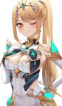  1girl alternate_hairstyle bare_shoulders blonde_hair breasts chest_jewel cleavage cleavage_cutout clothing_cutout commentary_request dress earrings elbow_gloves gem gloves headpiece highres jewelry kyaro_(wanu_14) large_breasts long_hair mythra_(xenoblade) ponytail revision short_dress solo swept_bangs tiara upper_body very_long_hair white_dress white_gloves xenoblade_chronicles_(series) xenoblade_chronicles_2 yellow_eyes 