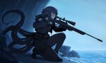  1girl arknights backlighting black_boots blue_eyes boots caffichai character_request closed_mouth commentary english_commentary from_side full_body glasses gun highres holding holding_gun holding_weapon horizon long_sleeves on_one_knee outdoors rifle scope sky sniper_rifle solo tentacles water weapon 