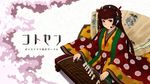  16:9 black_hair cherry_blossoms dress flower fuyube_gin_(huyube) hair_ornament headset instrument japanese_clothes koto_(instrument) layered_dress long_hair original playing_instrument red_eyes sitting smile solo 