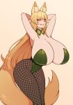  1girl animal_ear_fluff animal_ears armpits arms_behind_head arms_up blonde_hair blunt_bangs blunt_ends bow bowtie breasts cleavage commentary covered_navel curvy detached_collar english_commentary feet_out_of_frame fishnet_pantyhose fishnets fox_ears fox_girl fox_tail green_bow green_bowtie green_leotard highleg highleg_leotard highres huge_breasts leaning_forward leotard licking long_hair looking_at_viewer narrow_waist original pantyhose pink_eyes playboy_bunny sidelocks simple_background smile solo tail the_scarlet_devil tongue 
