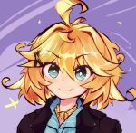  1girl ahoge aqua_eyes aqua_shirt black_jacket blonde_hair closed_mouth dokibird dokibird_(bounty_hunter) fang hair_ornament hairclip hashtag-only_commentary highres indie_virtual_youtuber jacket open_clothes open_jacket portrait purple_background shirt short_hair skin_fang smile solo troubleshooter_bun virtual_youtuber 