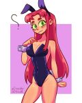  1girl :3 ? alternate_costume animal_ears bare_shoulders blush_stickers border breasts colored_sclera colored_skin commentary covered_navel dc_comics deadraisdead fake_animal_ears green_eyes green_sclera highres leotard long_hair looking_at_viewer orange_skin playboy_bunny rabbit_ears red_hair shiny_skin smile solo starfire strapless strapless_leotard tamaranean teen_titans white_border wrist_cuffs 