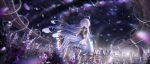  1girl absurdres commentary dress grey_hair hair_over_one_eye halo hand_up highres huochai_xie_msc long_hair mornye_(wuthering_waves) night outdoors purple_dress purple_sky red_eyes see-through_body sitting sky solo star_(sky) starry_sky tacet_mark_(wuthering_waves) wide_shot wind wuthering_waves 