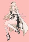  1girl blonde_hair breasts cape cleavage commentary_request drag-on_dragoon drag-on_dragoon_3 high_heels highres kneehighs kurosawa_kazuto long_hair navel pink_background simple_background sitting smile socks solo white_cape white_socks zero_(drag-on_dragoon) 