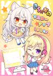  2girls :d ahoge animal_ears black_shoes black_socks blonde_hair blue_skirt blush bow breasts cd chibi chibi_only collared_shirt copyright_name eyes_visible_through_hair full_body grey_hair hair_ornament hands_up headphones highres holding_cd kiraboshi_runa kirakano kirameki_kirara loafers long_hair looking_at_viewer lump_of_sugar monitor multiple_girls nail_polish necktie official_art one_eye_closed open_mouth pink_necktie pleated_skirt purple_eyes red_eyes ryuuka_sane school_uniform shirt shoes short_sleeves skirt smile socks standing star_(symbol) tail tail_bow tail_ornament translation_request white_bow white_shirt wing_collar x_hair_ornament 