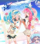  2girls :d arm_behind_back black_shorts blowing_bubbles blue_bow blue_hair blue_hairband blue_tongue bow bow_hairband bracelet camera closed_eyes closed_mouth colored_tongue crossover dress dress_bow facing_another fang grey_eyes hair_bobbles hair_bow hair_ornament hairband hand_up hattrem highres holding holding_camera inkling inkling_girl inkling_player_character jewelry jio022 looking_at_another low_ponytail medium_hair multiple_girls open_mouth pink_hair pink_shirt pointy_ears pokemon pokemon_(creature) ponytail popplio shirt shorts shorts_under_dress sidelocks skirt sleeveless sleeveless_dress sleeveless_shirt smile splatoon_(series) taking_picture tentacle_hair v white_dress white_hairband white_skirt 